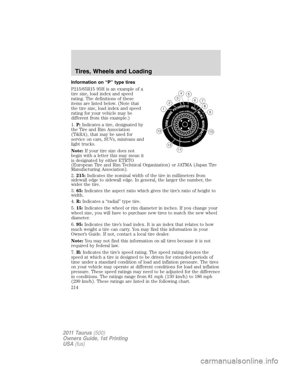FORD TAURUS 2011 6.G Owners Manual Information on “P” type tires
P215/65R15 95H is an example of a
tire size, load index and speed
rating. The definitions of these
items are listed below. (Note that
the tire size, load index and sp FORD TAURUS 2011 6.G Owners Manual Information on “P” type tires
P215/65R15 95H is an example of a
tire size, load index and speed
rating. The definitions of these
items are listed below. (Note that
the tire size, load index and sp