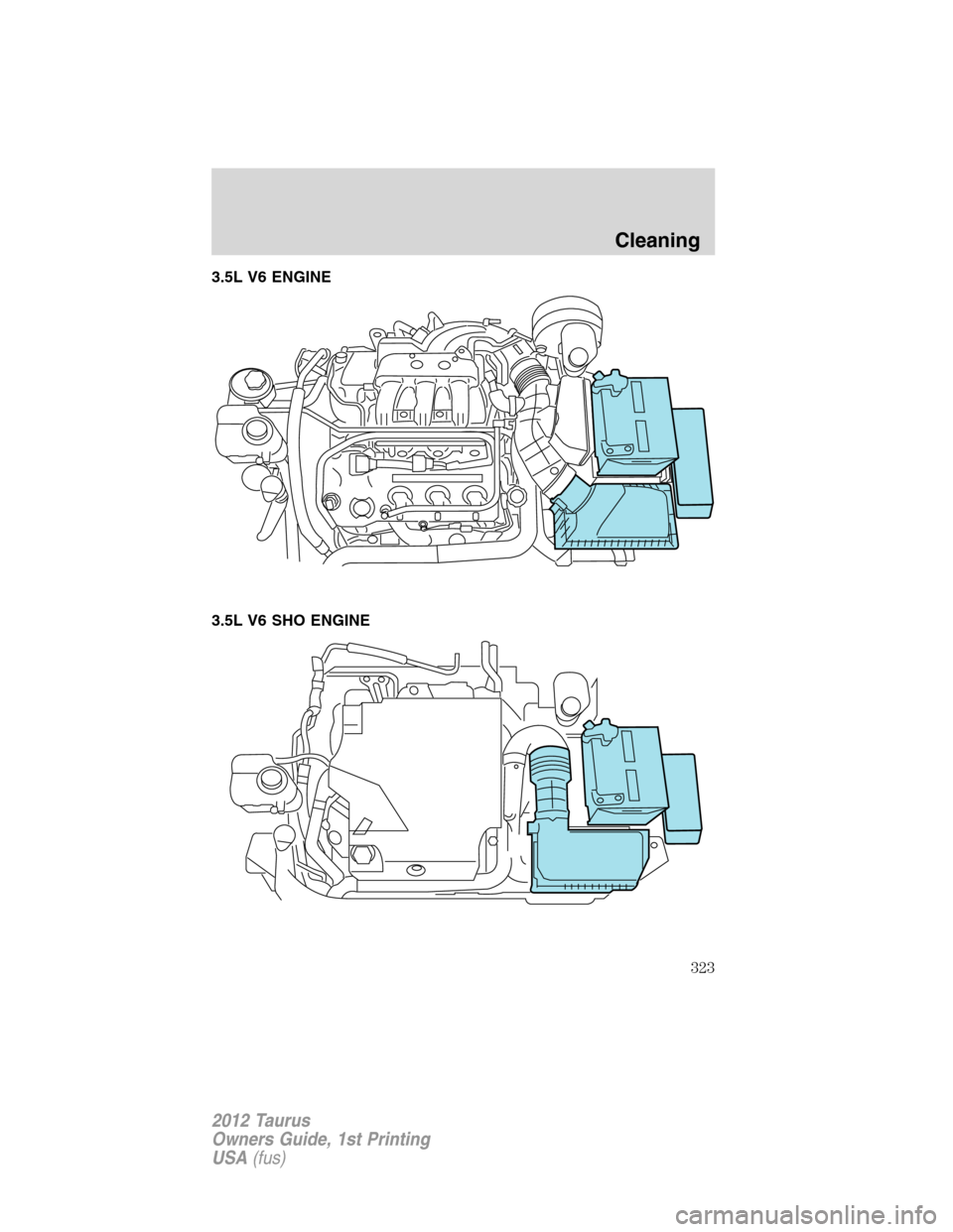 FORD TAURUS 2012 6.G Owners Manual 3.5L V6 ENGINE
3.5L V6 SHO ENGINE
Cleaning
323
2012 Taurus
Owners Guide, 1st Printing
USA(fus) 