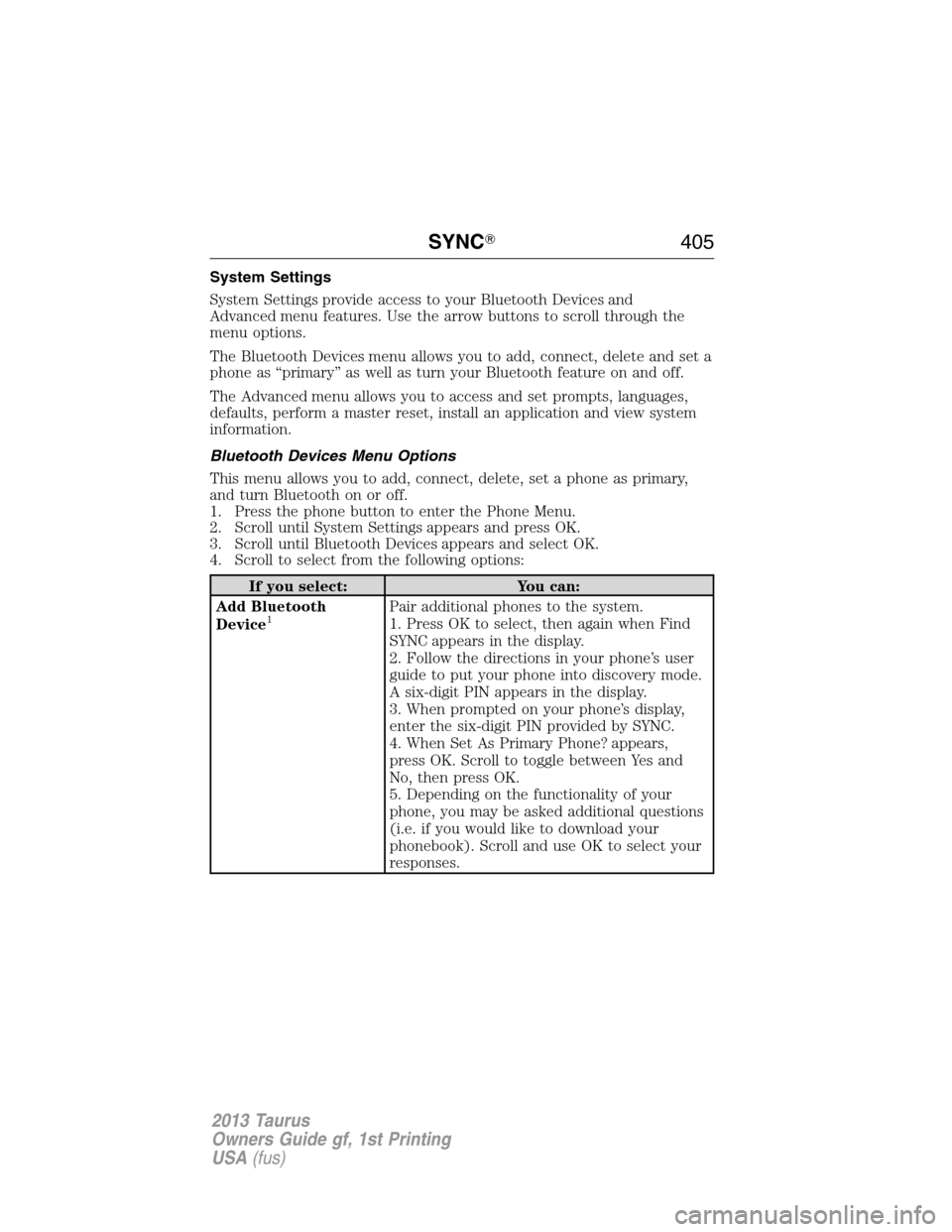 FORD TAURUS 2013 6.G Owners Manual System Settings
System Settings provide access to your Bluetooth Devices and
Advanced menu features. Use the arrow buttons to scroll through the
menu options.
The Bluetooth Devices menu allows you to 