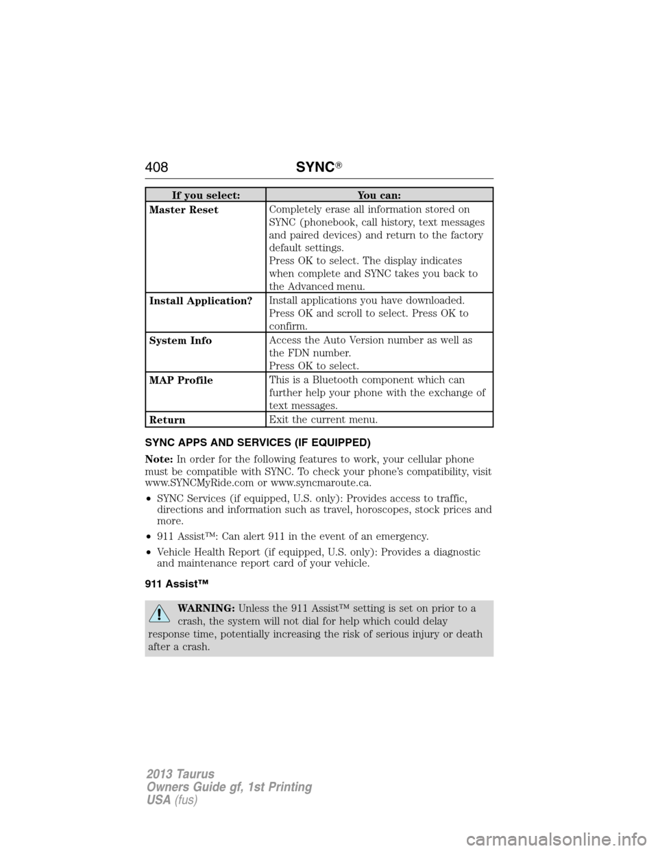 FORD TAURUS 2013 6.G Owners Manual If you select: You can:
Master ResetCompletely erase all information stored on
SYNC (phonebook, call history, text messages
and paired devices) and return to the factory
default settings.
Press OK to 