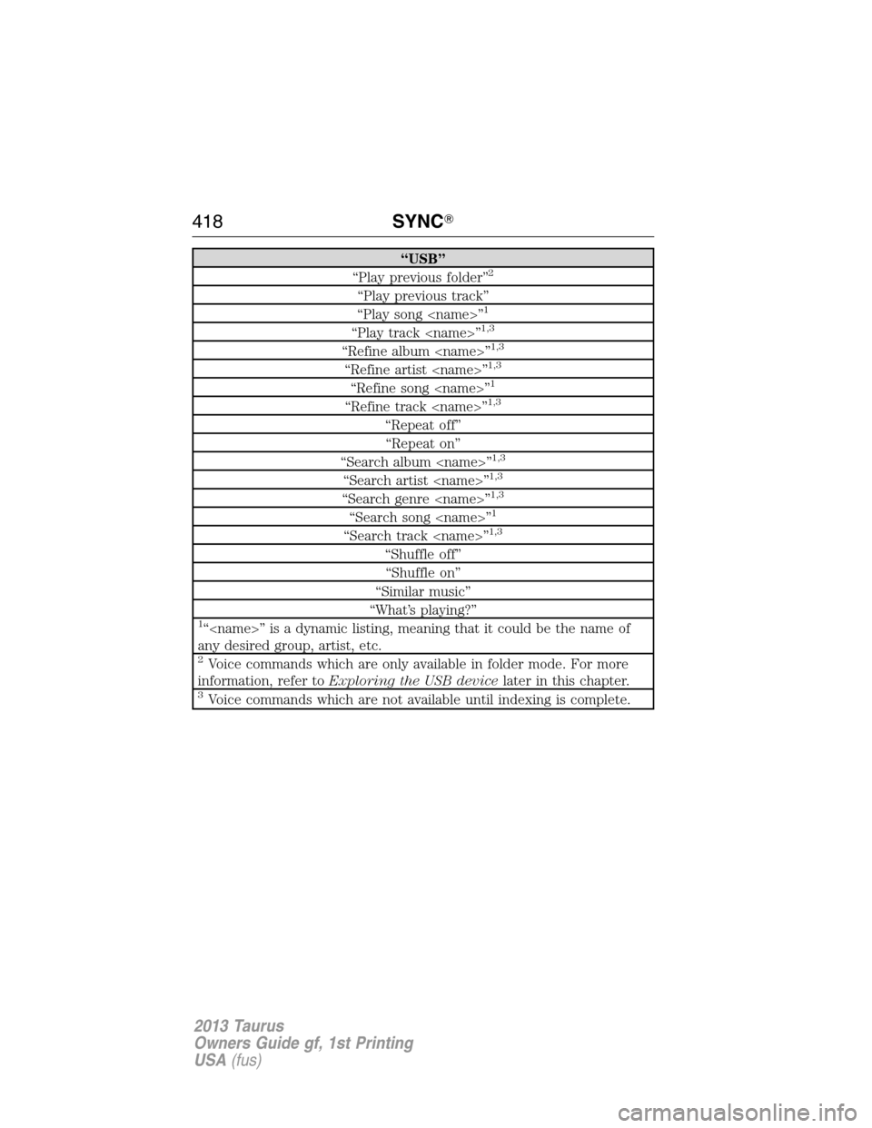 FORD TAURUS 2013 6.G Owners Manual “USB”
“Play previous folder”2
“Play previous track”
“Play song <name>”1
“Play track <name>”1,3
“Refine album <name>”1,3
“Refine artist <name>”1,3
“Refine song <name>”1
