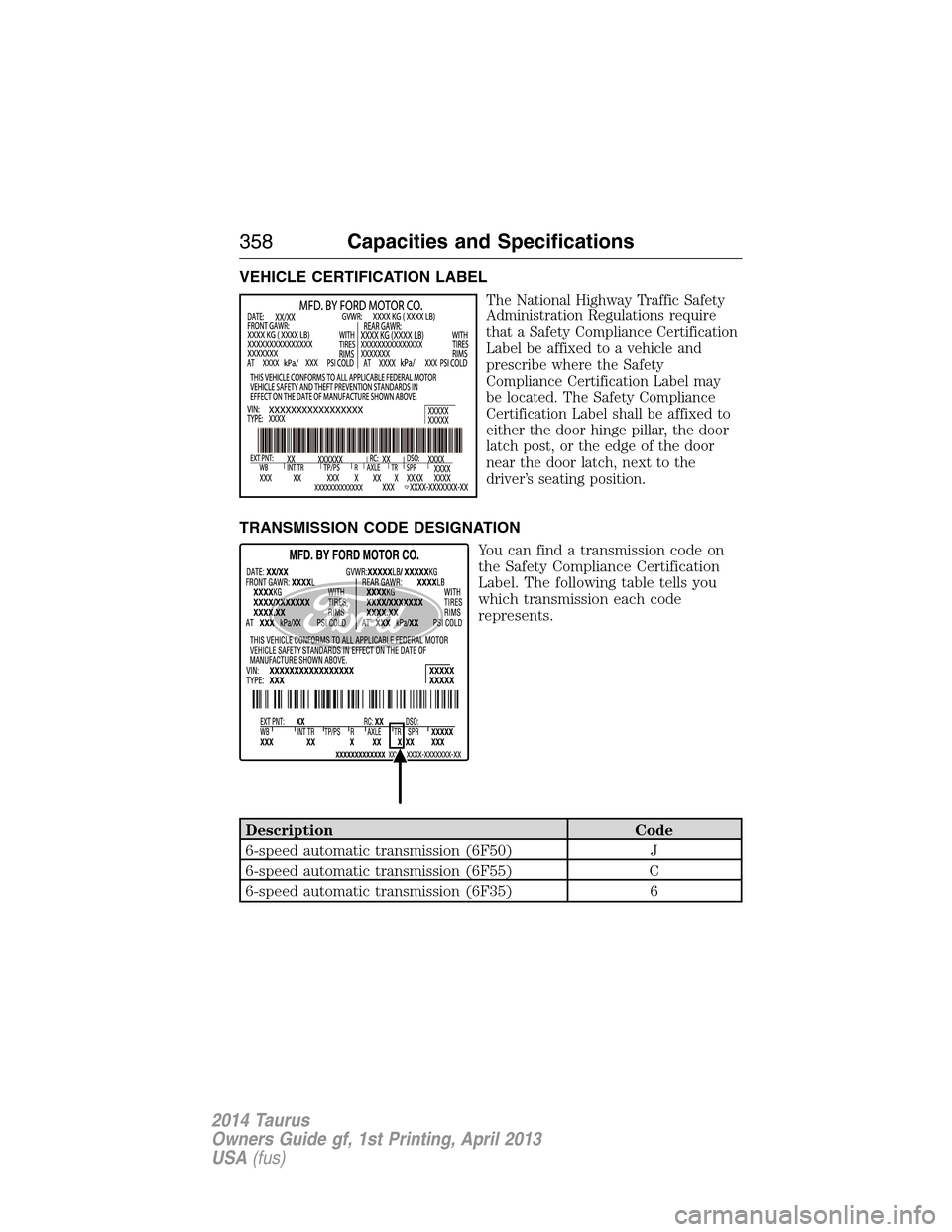 FORD TAURUS 2014 6.G Owners Manual VEHICLE CERTIFICATION LABEL
The National Highway Traffic Safety
Administration Regulations require
that a Safety Compliance Certification
Label be affixed to a vehicle and
prescribe where the Safety
C