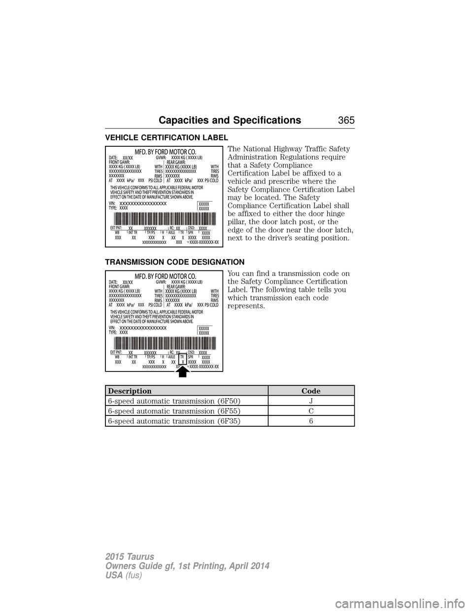 FORD TAURUS 2015 6.G Owners Manual VEHICLE CERTIFICATION LABELThe National Highway Traffic Safety
Administration Regulations require
that a Safety Compliance
Certification Label be affixed to a
vehicle and prescribe where the
Safety Co