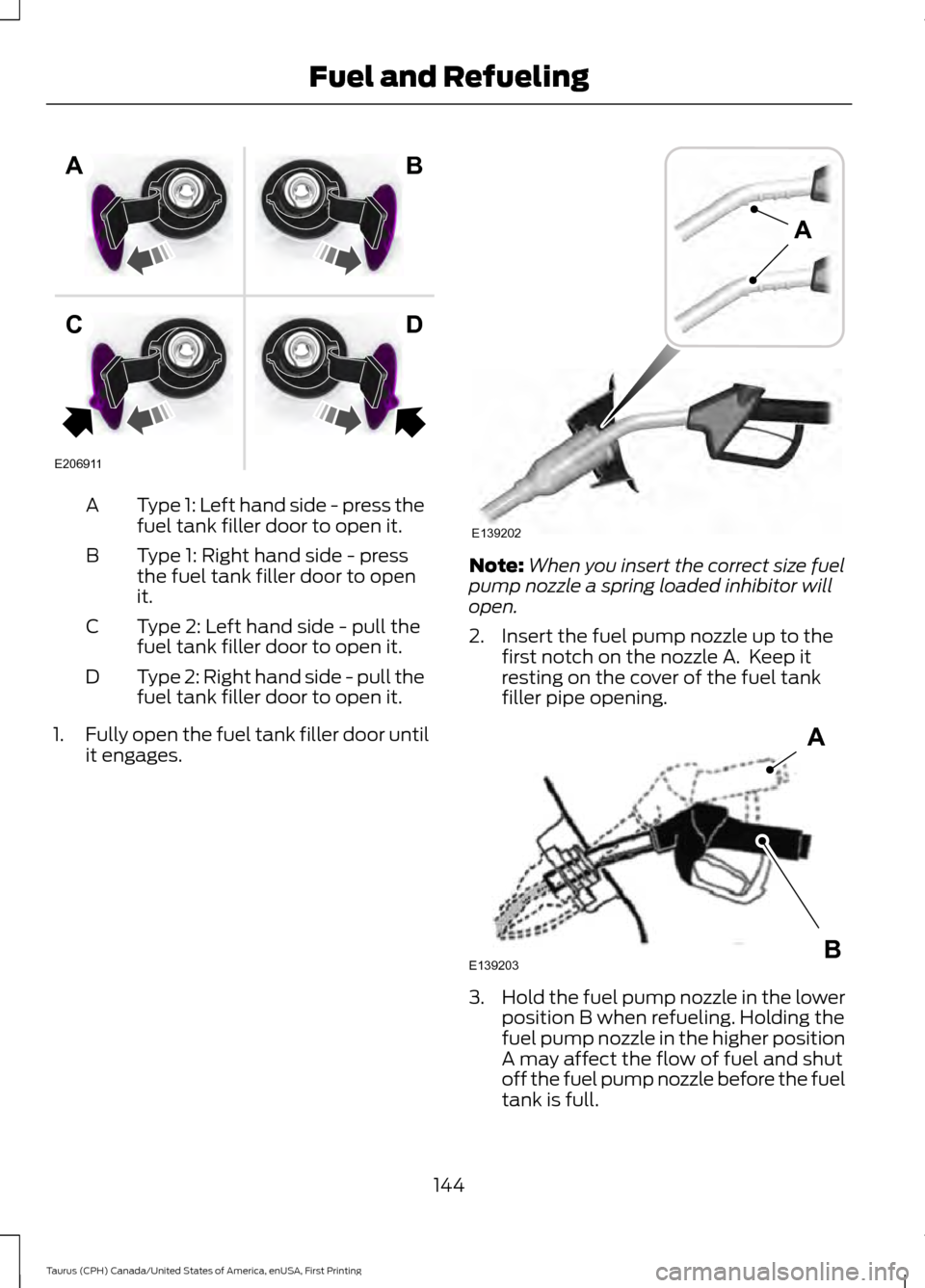 FORD TAURUS 2016 6.G Owners Manual Type 1: Left hand side - press the
fuel tank filler door to open it.
A
Type 1: Right hand side - press
the fuel tank filler door to open
it.
B
Type 2: Left hand side - pull the
fuel tank filler door t