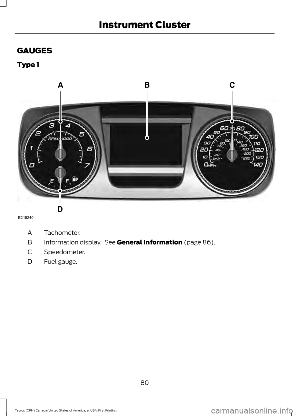 FORD TAURUS 2016 6.G Owners Manual GAUGES
Type 1
Tachometer.
A
Information display.  See General Information (page 86).
B
Speedometer.
C
Fuel gauge.
D
80
Taurus (CPH) Canada/United States of America, enUSA, First Printing Instrument Cl