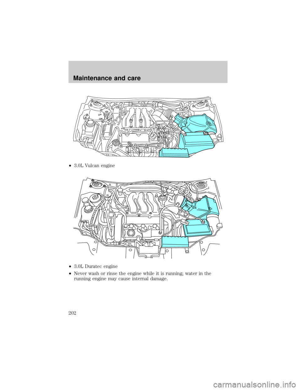 FORD TAURUS 2000 4.G Owners Manual ²3.0L Vulcan engine
²3.0L Duratec engine
²Never wash or rinse the engine while it is running; water in the
running engine may cause internal damage.
Maintenance and care
202 