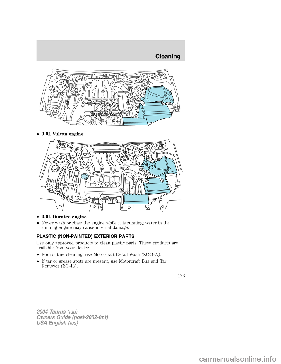 FORD TAURUS 2004 4.G Owners Manual •3.0L Vulcan engine
•3.0L Duratec engine
•Never wash or rinse the engine while it is running; water in the
running engine may cause internal damage.
PLASTIC (NON-PAINTED) EXTERIOR PARTS
Use only