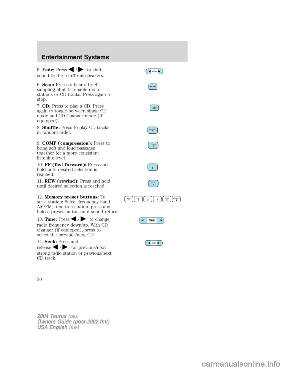 FORD TAURUS 2004 4.G Owners Manual 5.Fade:Press/to shift
sound to the rear/front speakers.
6.Scan:Press to hear a brief
sampling of all listenable radio
stations or CD tracks. Press again to
stop.
7.CD:Press to play a CD. Press
again t