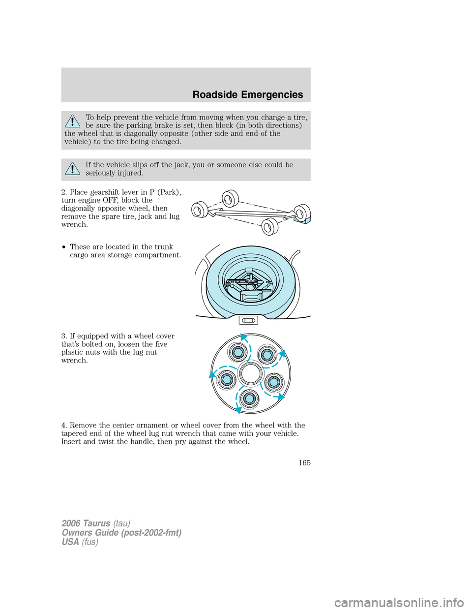 FORD TAURUS 2006 4.G Owners Manual To help prevent the vehicle from moving when you change a tire,
be sure the parking brake is set, then block (in both directions)
the wheel that is diagonally opposite (other side and end of the
vehic