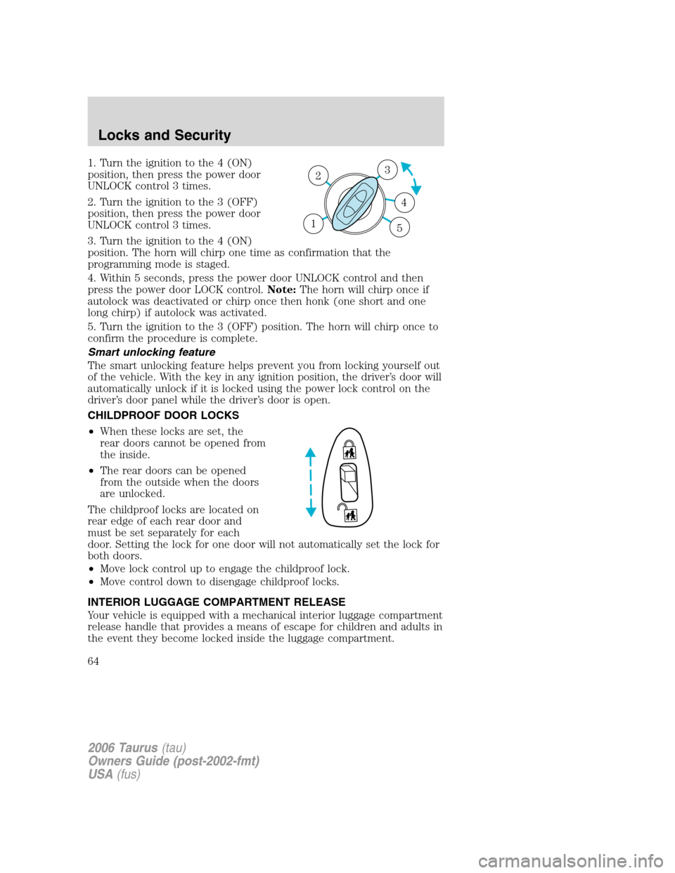 FORD TAURUS 2006 4.G Owners Manual 1. Turn the ignition to the 4 (ON)
position, then press the power door
UNLOCK control 3 times.
2. Turn the ignition to the 3 (OFF)
position, then press the power door
UNLOCK control 3 times.
3. Turn t FORD TAURUS 2006 4.G Owners Manual 1. Turn the ignition to the 4 (ON)
position, then press the power door
UNLOCK control 3 times.
2. Turn the ignition to the 3 (OFF)
position, then press the power door
UNLOCK control 3 times.
3. Turn t
