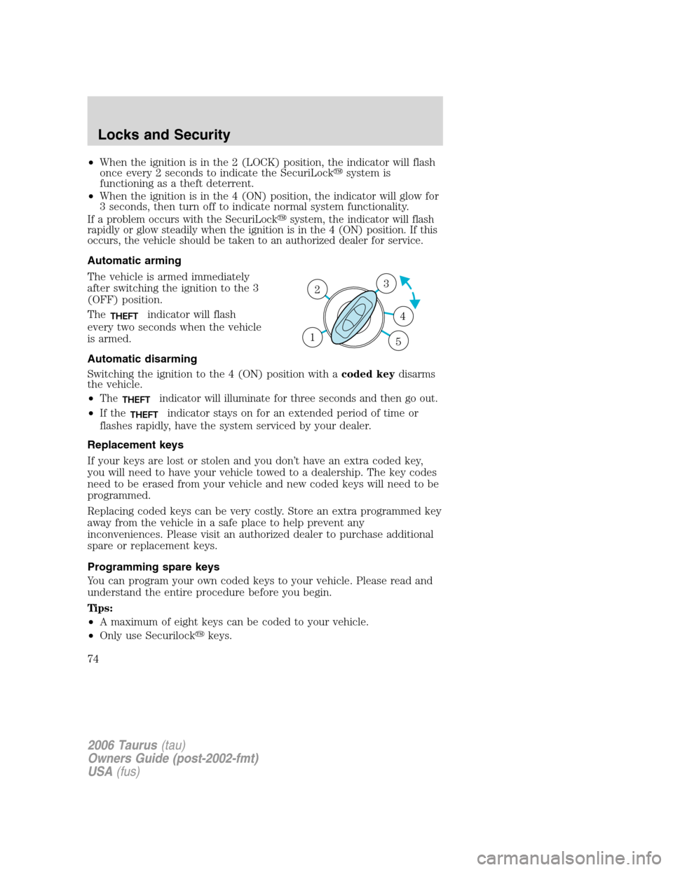 FORD TAURUS 2006 4.G Owners Manual •When the ignition is in the 2 (LOCK) position, the indicator will flash
once every 2 seconds to indicate the SecuriLocksystem is
functioning as a theft deterrent.
•When the ignition is in the 4 FORD TAURUS 2006 4.G Owners Manual •When the ignition is in the 2 (LOCK) position, the indicator will flash
once every 2 seconds to indicate the SecuriLocksystem is
functioning as a theft deterrent.
•When the ignition is in the 4
