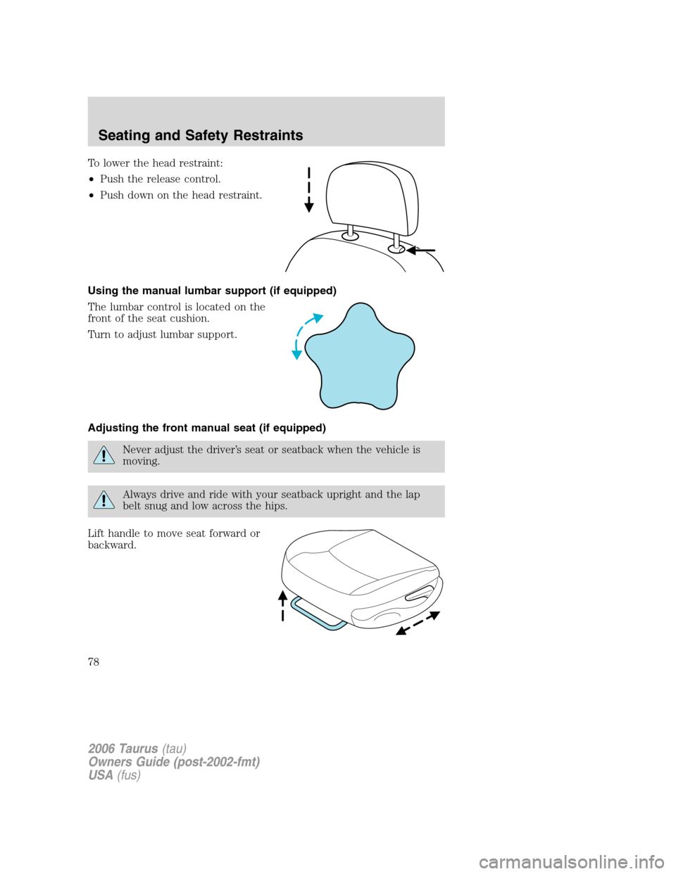 FORD TAURUS 2006 4.G Owners Manual To lower the head restraint:
•Push the release control.
•Push down on the head restraint.
Using the manual lumbar support (if equipped)
The lumbar control is located on the
front of the seat cushi