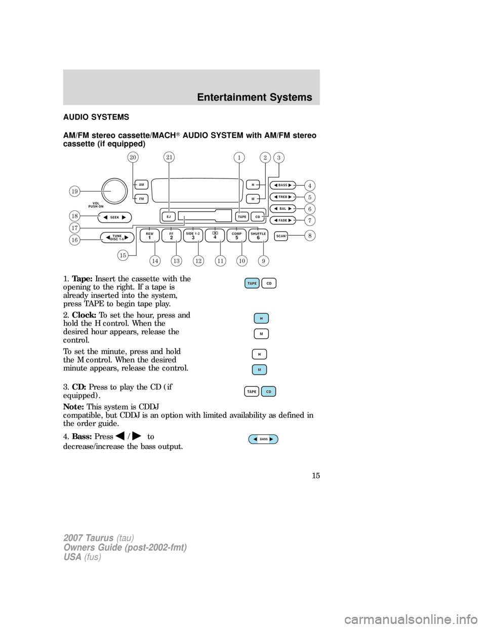 FORD TAURUS 2007 4.G Owners Manual AUDIO SYSTEMS
AM/FM stereo cassette/MACHAUDIO SYSTEM with AM/FM stereo
cassette (if equipped)
1.Tape:Insert the cassette with the
opening to the right. If a tape is
already inserted into the system,
