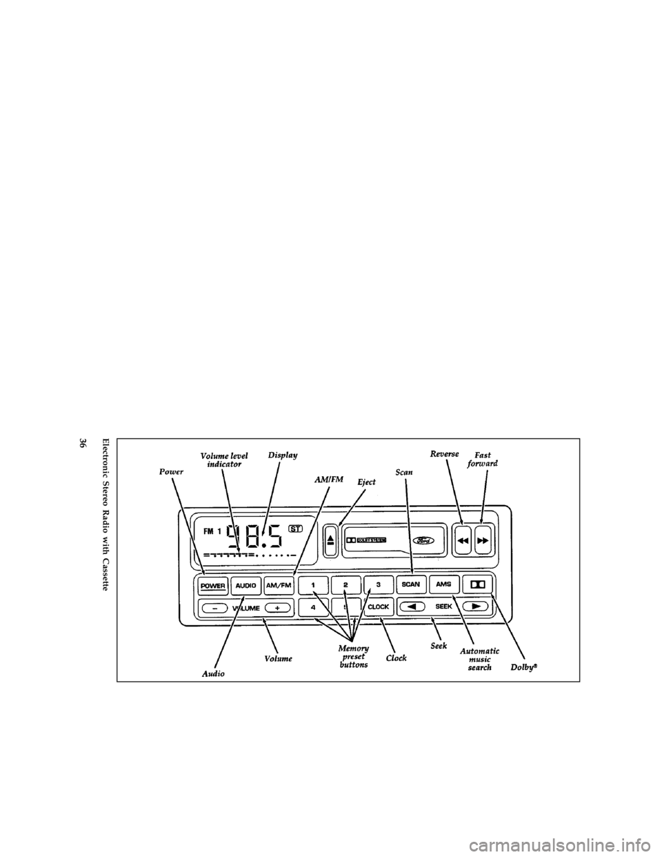 FORD THUNDERBIRD 1997 10.G Owners Manual 36 % [AS21350(MBC )04/96]
full page art:0095103-AElectronic Stereo Radio with Cassette
File:04rcasb.ex
Update:Thu May 30 10:55:25 1996 