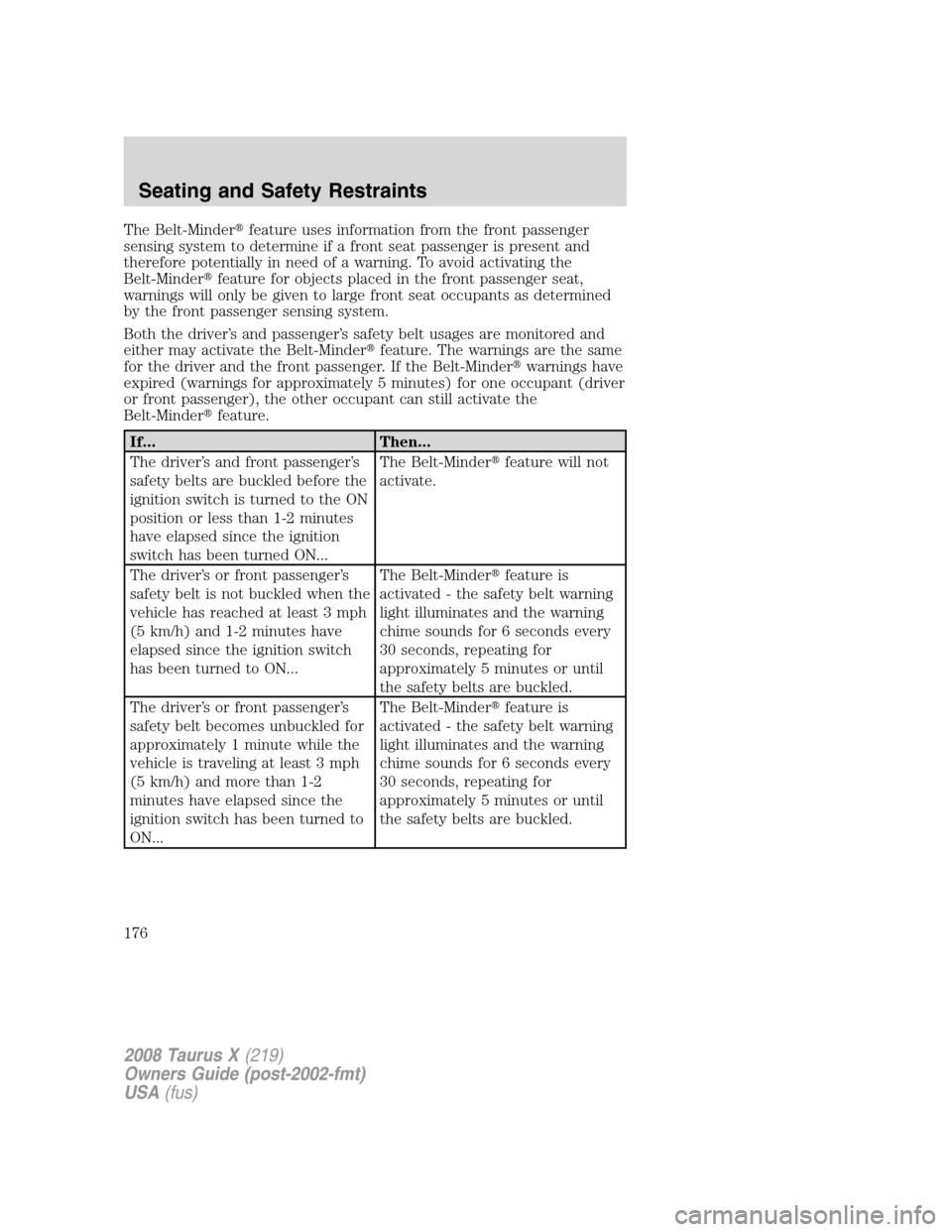 FORD TAURUS X 2008 1.G Owners Manual The Belt-Minderfeature uses information from the front passenger
sensing system to determine if a front seat passenger is present and
therefore potentially in need of a warning. To avoid activating t FORD TAURUS X 2008 1.G Owners Manual The Belt-Minderfeature uses information from the front passenger
sensing system to determine if a front seat passenger is present and
therefore potentially in need of a warning. To avoid activating t