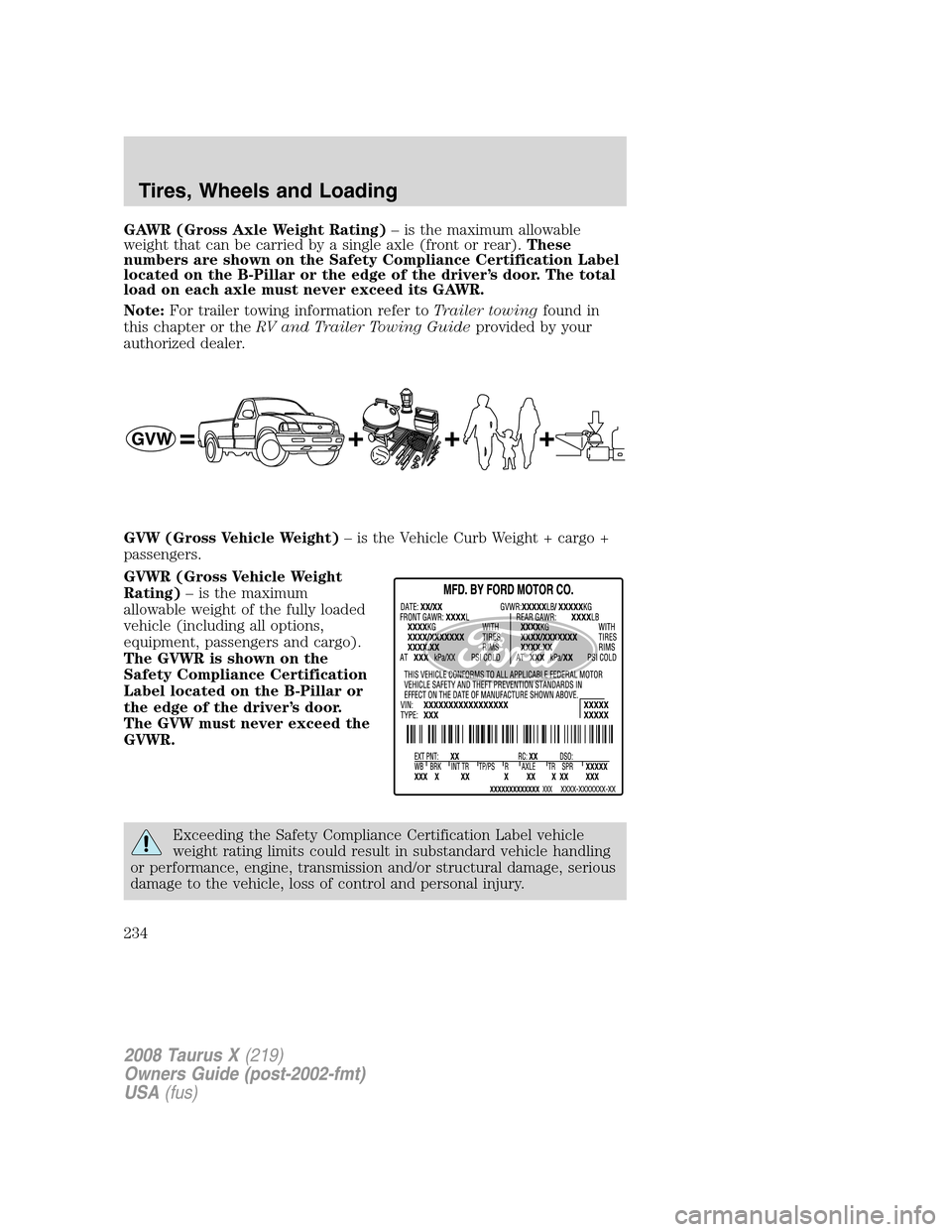 FORD TAURUS X 2008 1.G Owners Manual GAWR (Gross Axle Weight Rating)– is the maximum allowable
weight that can be carried by a single axle (front or rear).These
numbers are shown on the Safety Compliance Certification Label
located on FORD TAURUS X 2008 1.G Owners Manual GAWR (Gross Axle Weight Rating)– is the maximum allowable
weight that can be carried by a single axle (front or rear).These
numbers are shown on the Safety Compliance Certification Label
located on