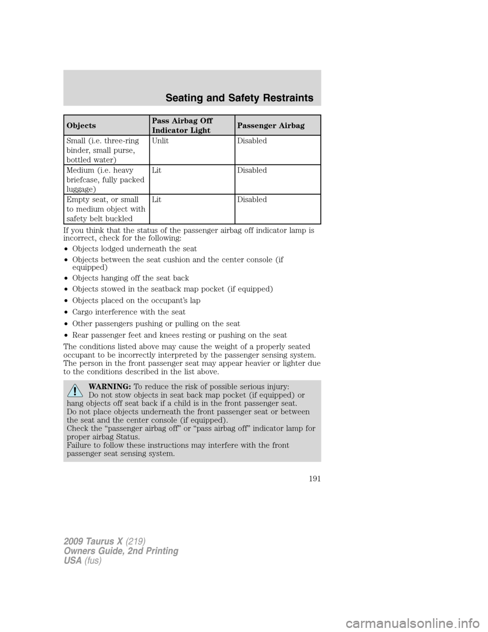 FORD TAURUS X 2009 1.G Owners Manual ObjectsPass Airbag Off
Indicator LightPassenger Airbag
Small (i.e. three-ring
binder, small purse,
bottled water)Unlit Disabled
Medium (i.e. heavy
briefcase, fully packed
luggage)Lit Disabled
Empty se FORD TAURUS X 2009 1.G Owners Manual ObjectsPass Airbag Off
Indicator LightPassenger Airbag
Small (i.e. three-ring
binder, small purse,
bottled water)Unlit Disabled
Medium (i.e. heavy
briefcase, fully packed
luggage)Lit Disabled
Empty se