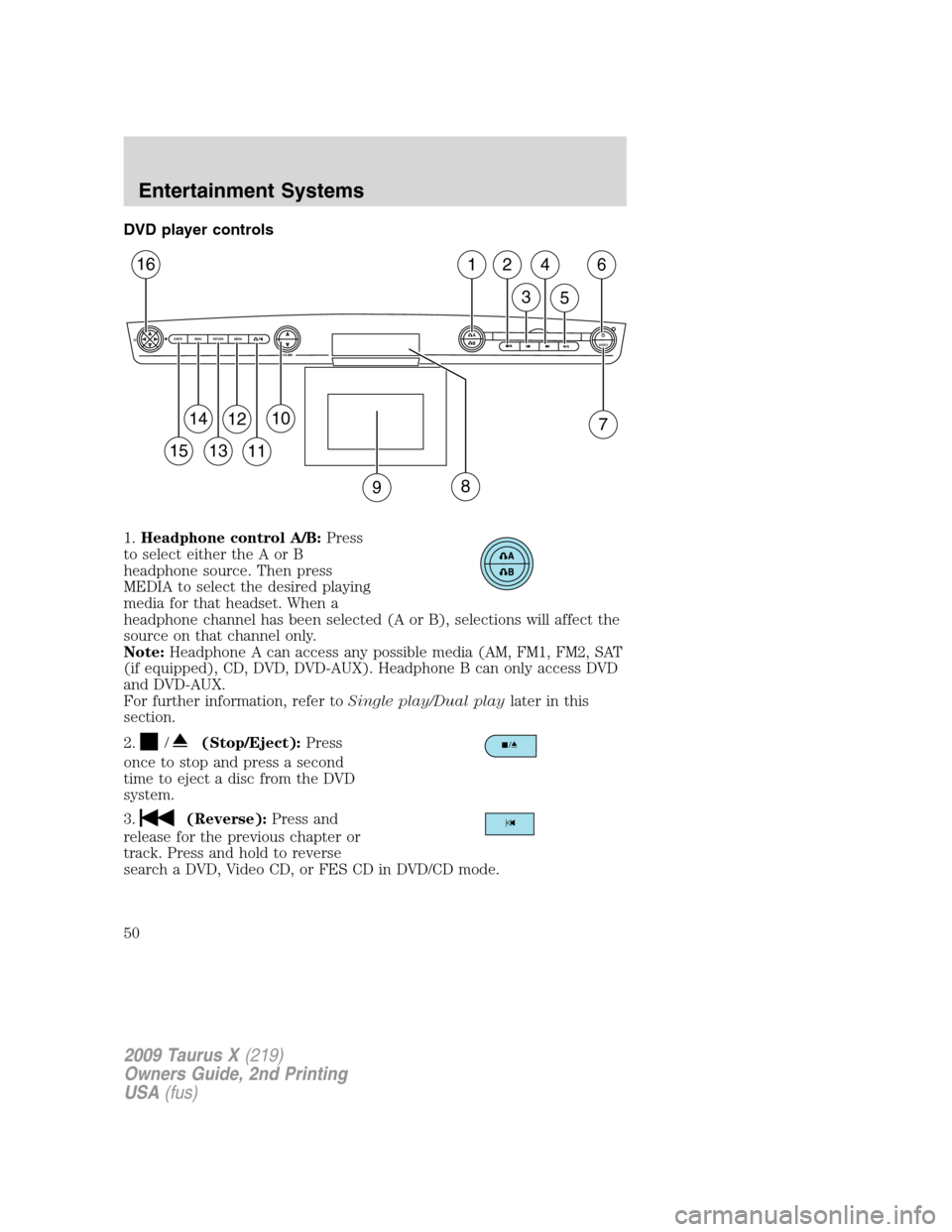 FORD TAURUS X 2009 1.G Owners Manual DVD player controls
1.Headphone control A/B:Press
to select either the A or B
headphone source. Then press
MEDIA to select the desired playing
media for that headset. When a
headphone channel has been