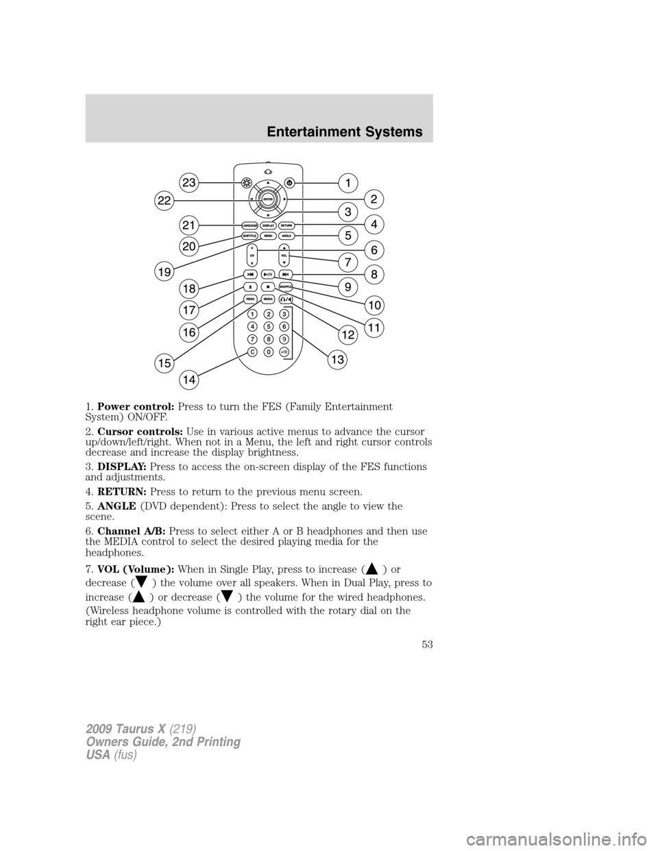 FORD TAURUS X 2009 1.G Owners Manual 1.Power control:Press to turn the FES (Family Entertainment
System) ON/OFF.
2.Cursor controls:Use in various active menus to advance the cursor
up/down/left/right. When not in a Menu, the left and rig
