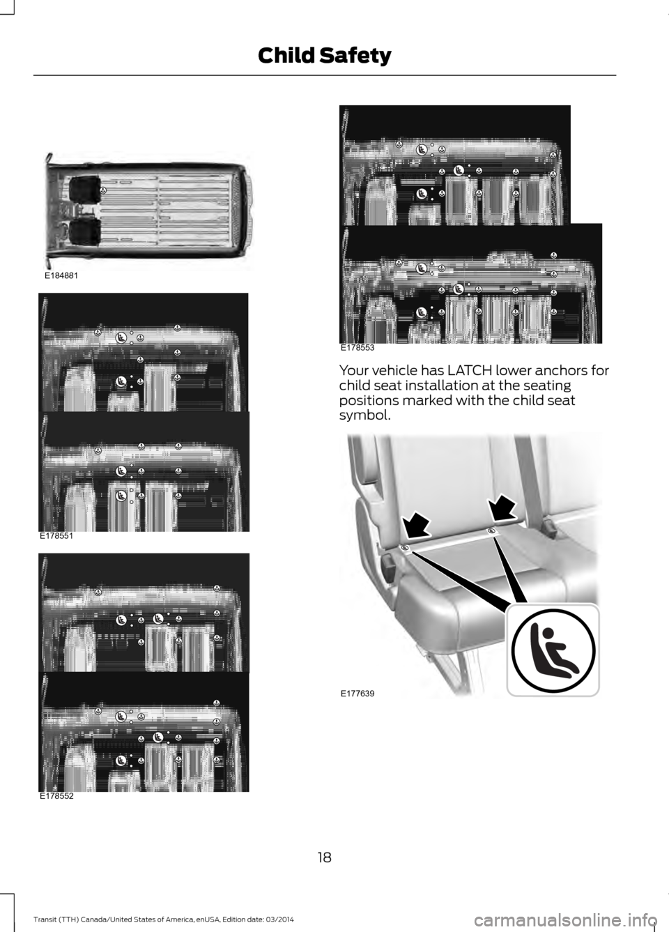 FORD TRANSIT 2015 5.G Owners Manual Your vehicle has LATCH lower anchors for
child seat installation at the seating
positions marked with the child seat
symbol.
18
Transit (TTH) Canada/United States of America,  enUSA, Edition date: 03/