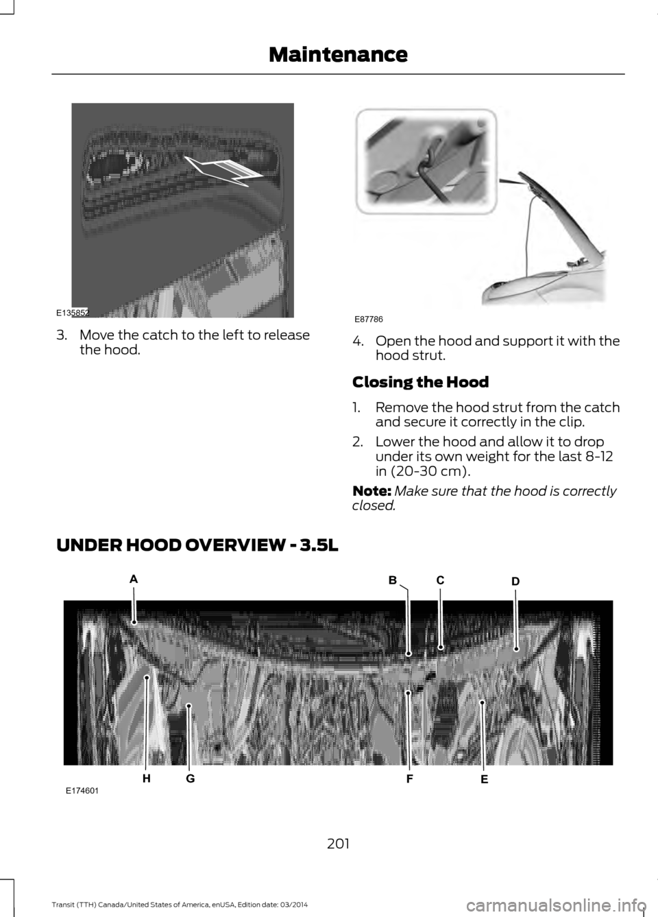 FORD TRANSIT 2015 5.G Owners Manual 3. Move the catch to the left to release
the hood. 4.
Open the hood and support it with the
hood strut.
Closing the Hood
1. Remove the hood strut from the catch
and secure it correctly in the clip.
2.