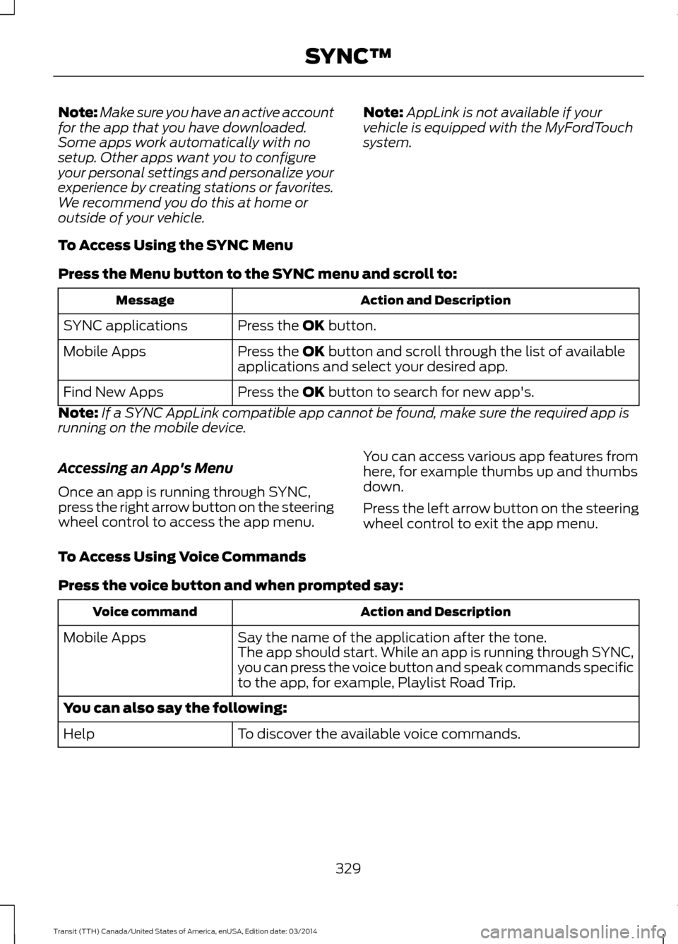 FORD TRANSIT 2015 5.G Owners Manual Note:
Make sure you have an active account
for the app that you have downloaded.
Some apps work automatically with no
setup. Other apps want you to configure
your personal settings and personalize you