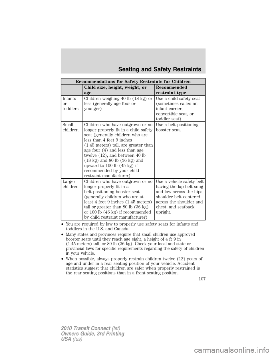 FORD TRANSIT CONNECT 2010 1.G Owners Manual Recommendations for Safety Restraints for Children
Child size, height, weight, or
ageRecommended
restraint type
Infants
or
toddlersChildren weighing 40 lb (18 kg) or
less (generally age four or
younge