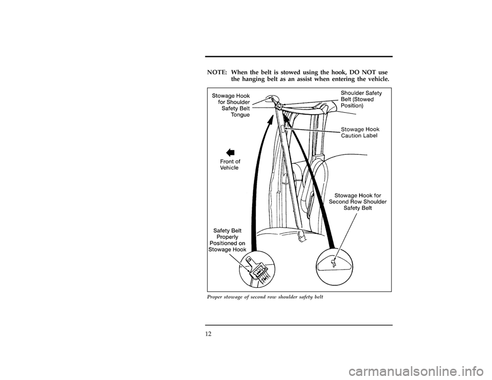 FORD WINDSTAR 1996 1.G Owners Manual 12
[SR03920(ALL)12/93]
NOTE: When the belt is stowed using the hook, DO NOT use
the hanging belt as an assist when entering the vehicle.
[SR03925(ALL)05/95]
27-1/2 pica
art:0050212-D
Proper stowage of