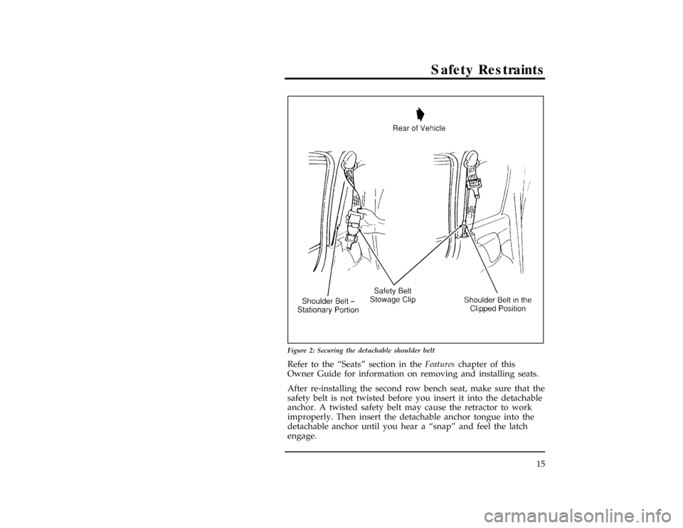 FORD WINDSTAR 1996 1.G Owners Manual Safety Restraints
15
[SR03960(ALL)06/94]
24 pica art:0050170-D
Figure 2: Securing the detachable shoulder belt
[SR03970(ALL)02/94]
Refer to the ªSeatsº section in theFeatureschapter of this
Owner Gu