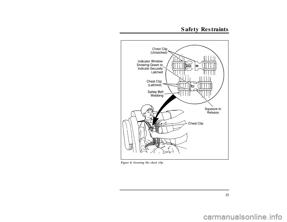 FORD WINDSTAR 1996 1.G Owners Manual Safety Restraints
35
[SR18025(ALL)04/95]
27-1/2 pica
art:0050141-B
Figure 6: Securing the chest clip
File:wnsrs.ex
Update:Tue Mar 19 08:27:08 1996 