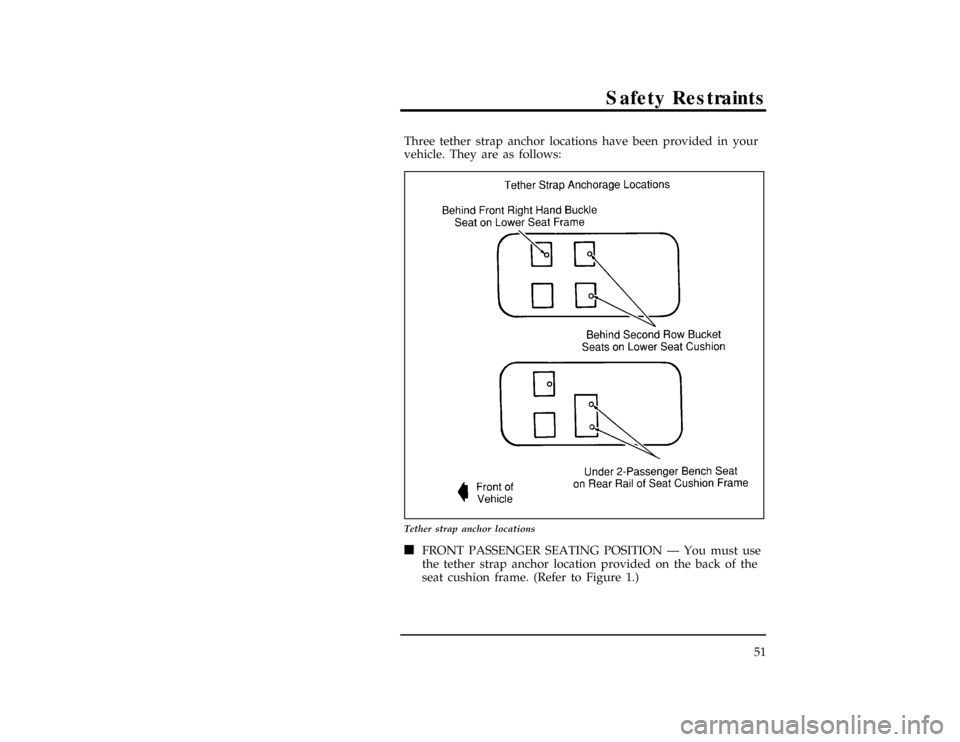 FORD WINDSTAR 1996 1.G Owners Manual Safety Restraints
51
[SR33401(ALL)06/95]
Three tether strap anchor locations have been provided in your
vehicle. They are as follows:
[SR33501(ALL)06/95]
24 pica art:0050183-A
Tether strap anchor loca