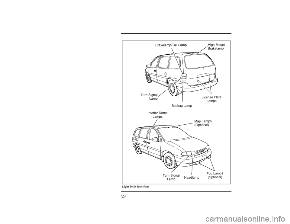 FORD WINDSTAR 1997 1.G Owners Manual 326
[MC37700(ALL)01/96]
33-1/2 pica
art:0050019-D
Light bulb locations
File:11wnmcs.ex
Update:Mon Jul  8 14:29:32 1996 