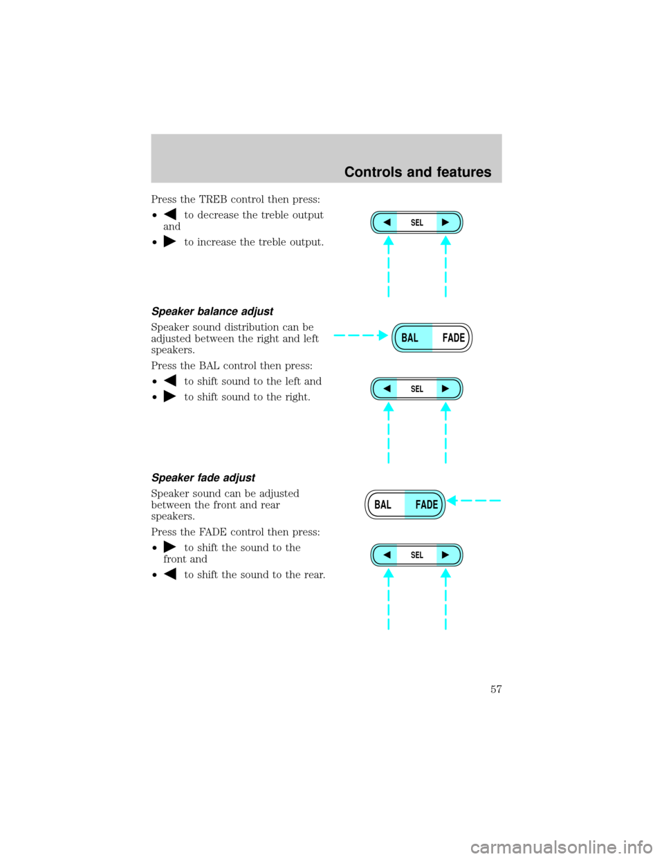 FORD WINDSTAR 1999 2.G Owners Manual Press the TREB control then press:
²
to decrease the treble output
and
²
to increase the treble output.
Speaker balance adjust
Speaker sound distribution can be
adjusted between the right and left
s