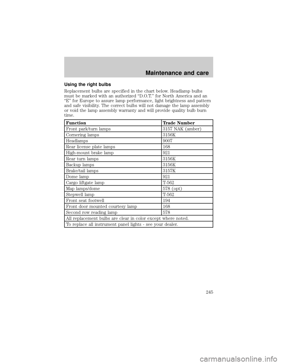 FORD WINDSTAR 2000 2.G Owners Manual Using the right bulbs
Replacement bulbs are specified in the chart below. Headlamp bulbs
must be marked with an authorized ªD.O.T.º for North America and an
ªEº for Europe to assure lamp performan