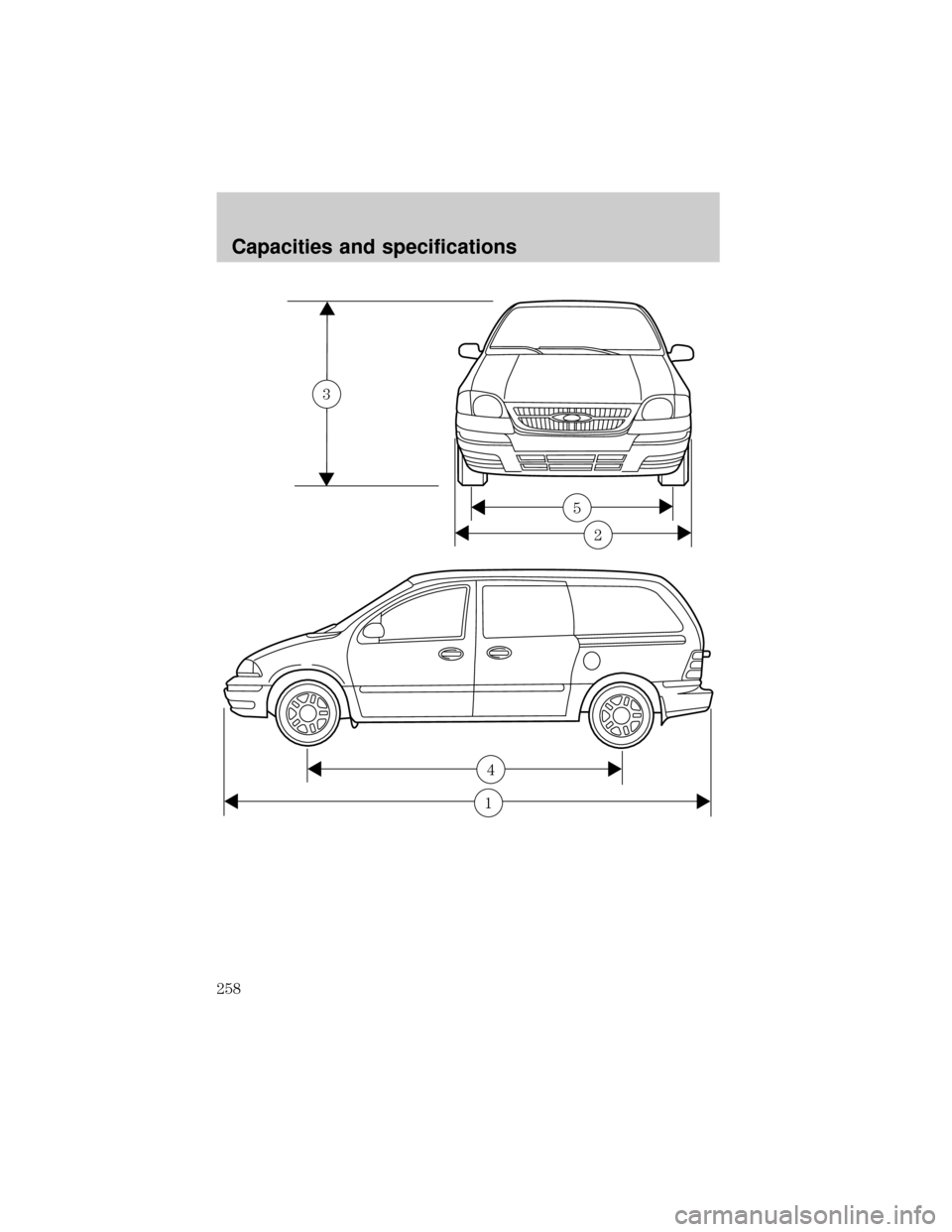 FORD WINDSTAR 2000 2.G Owners Manual 2
5
3
1
4
Capacities and specifications
258 