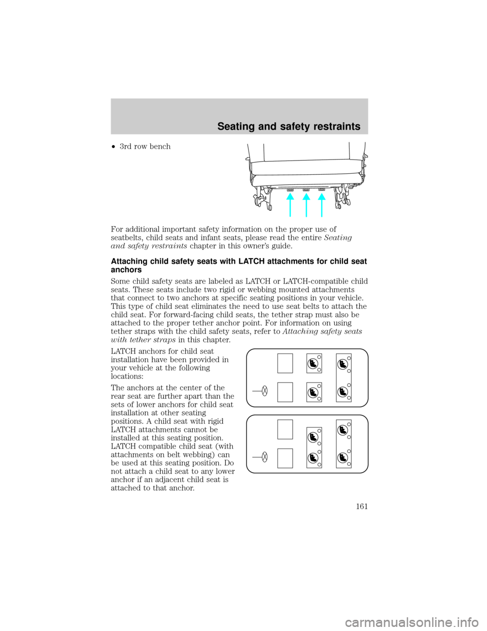 FORD WINDSTAR 2001 2.G Owners Manual ²3rd row bench
For additional important safety information on the proper use of
seatbelts, child seats and infant seats, please read the entireSeating
and safety restraintschapter in this owners gui FORD WINDSTAR 2001 2.G Owners Manual ²3rd row bench
For additional important safety information on the proper use of
seatbelts, child seats and infant seats, please read the entireSeating
and safety restraintschapter in this owners gui