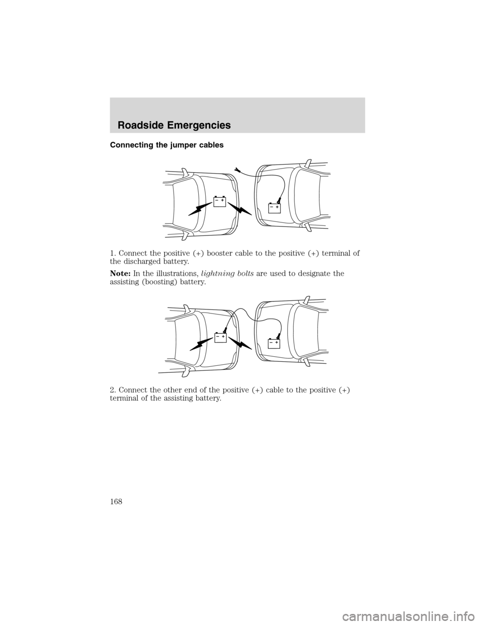 FORD WINDSTAR 2003 2.G Owners Manual Connecting the jumper cables
1. Connect the positive (+) booster cable to the positive (+) terminal of
the discharged battery.
Note:In the illustrations,lightning boltsare used to designate the
assist