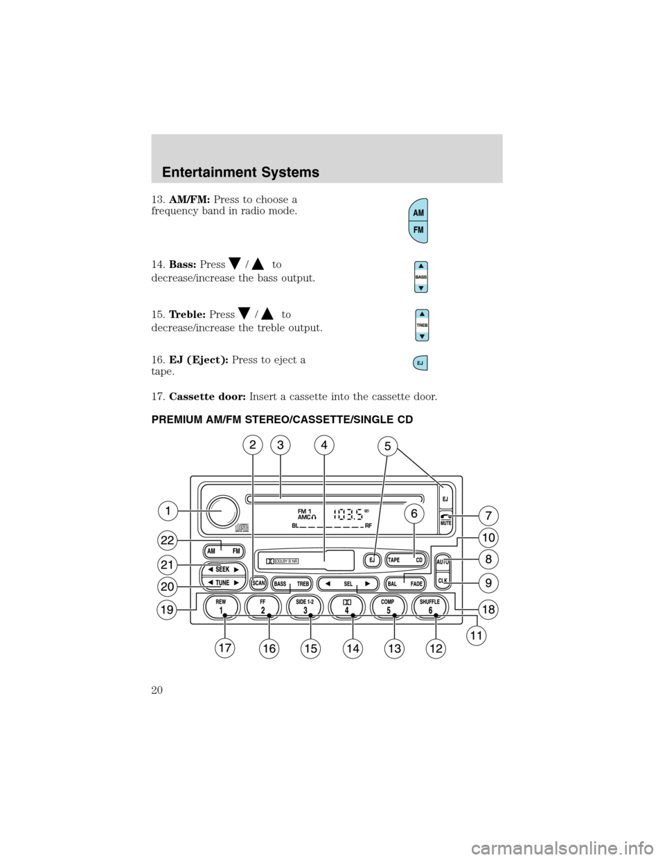 FORD WINDSTAR 2003 2.G Owners Manual 13.AM/FM:Press to choose a
frequency band in radio mode.
14.Bass:Press
/to
decrease/increase the bass output.
15.Treble:Press
/to
decrease/increase the treble output.
16.EJ (Eject):Press to eject a
ta