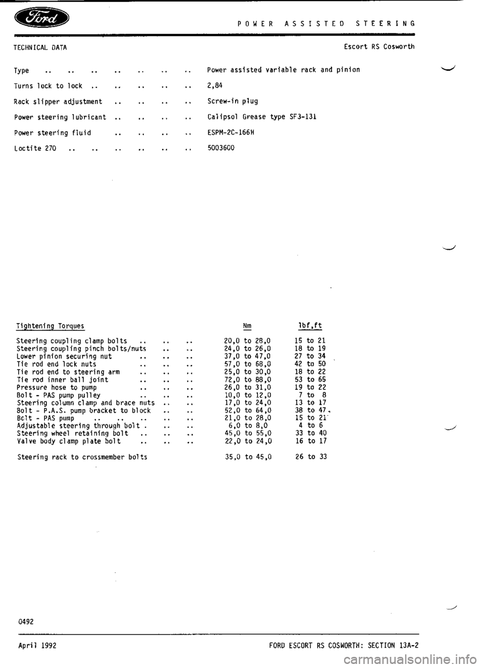 FORD SIERRA RS COSWORTH 1990 1.G Workshop Manual 