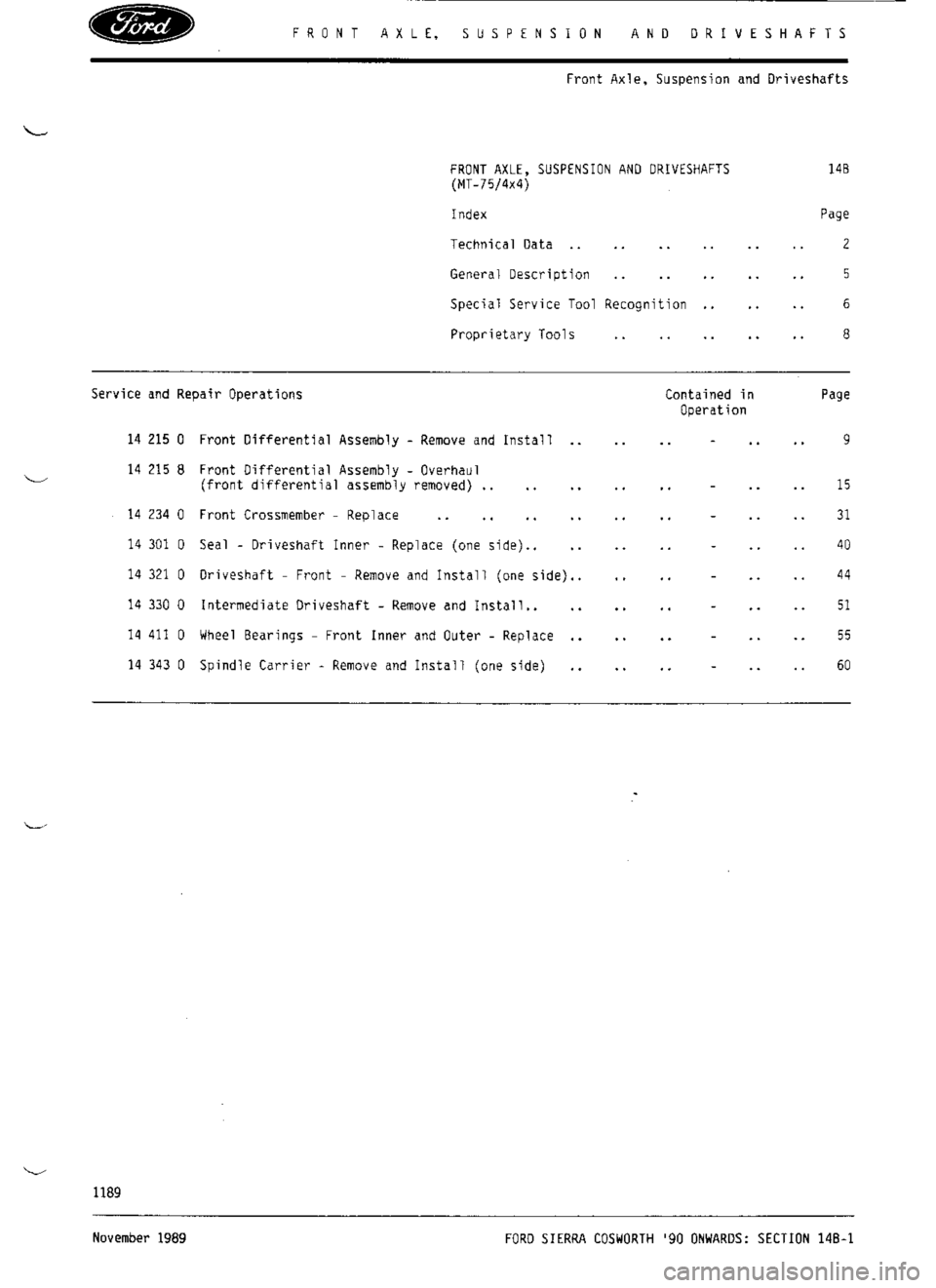 FORD SIERRA RS COSWORTH 1990 1.G Workshop Manual 