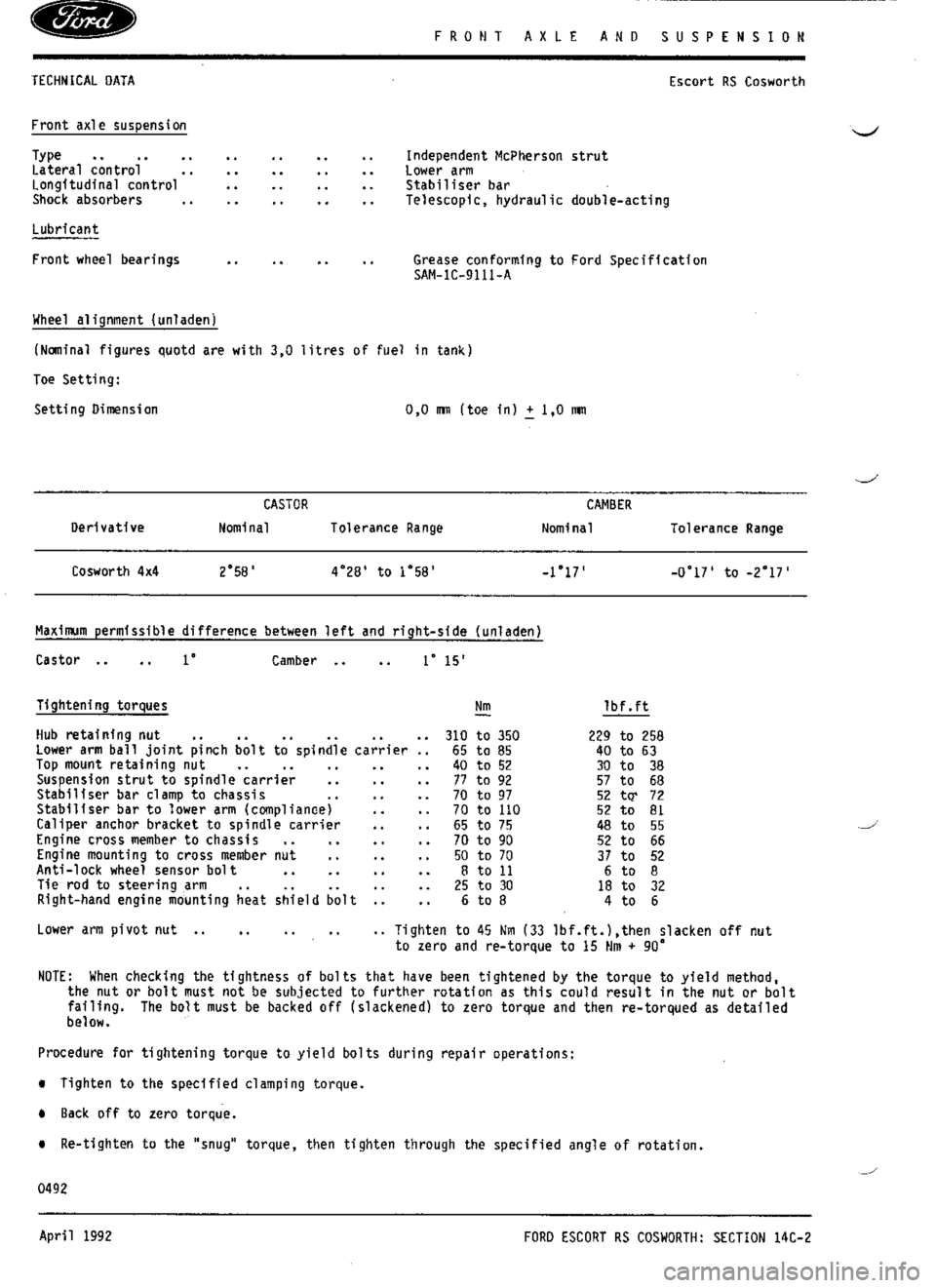 FORD SIERRA RS COSWORTH 1987 1.G Workshop Manual 