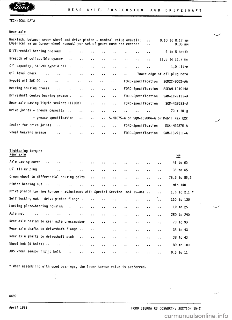FORD ESCORT RS COSWORTH 1994 1.G Workshop Manual 