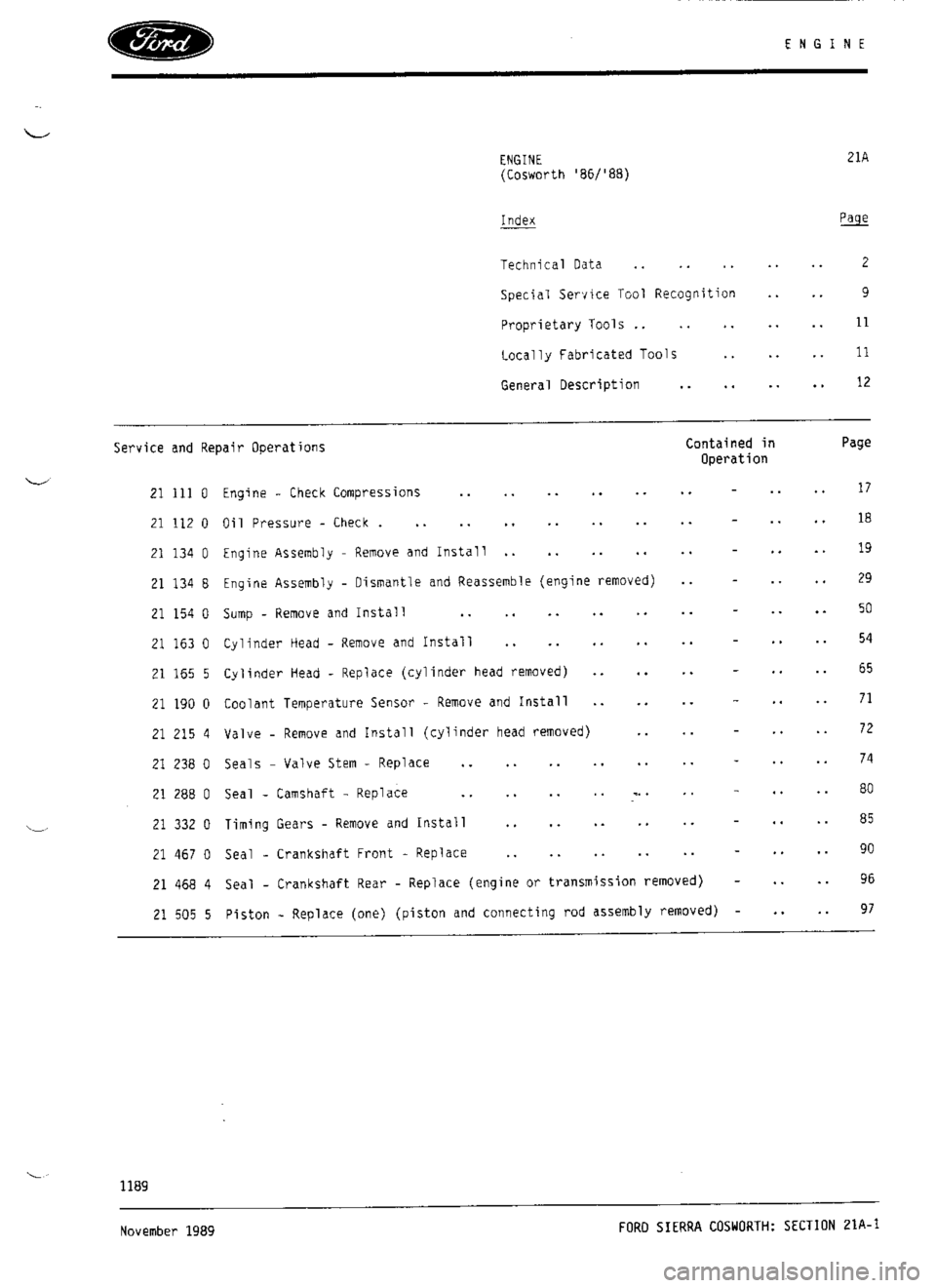 FORD SIERRA RS COSWORTH 1990 1.G Workshop Manual 