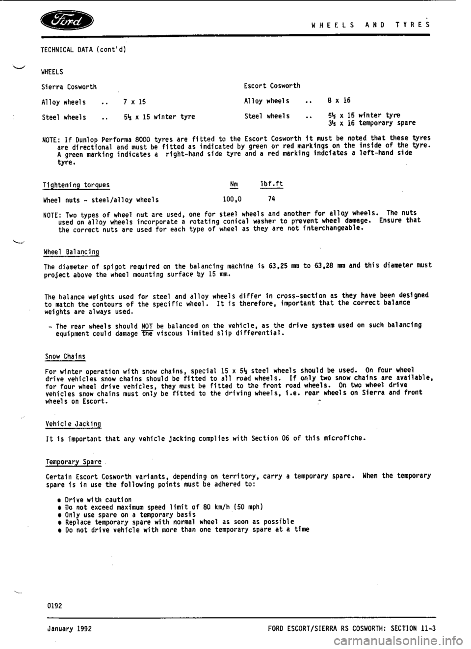 FORD ESCORT RS COSWORTH 1994 1.G Workshop Manual 