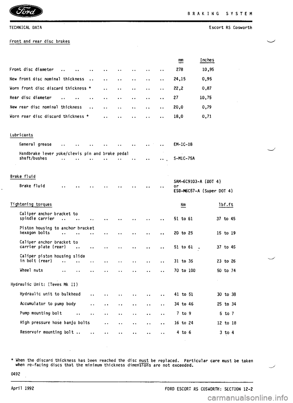 FORD ESCORT RS COSWORTH 1994 1.G Workshop Manual 