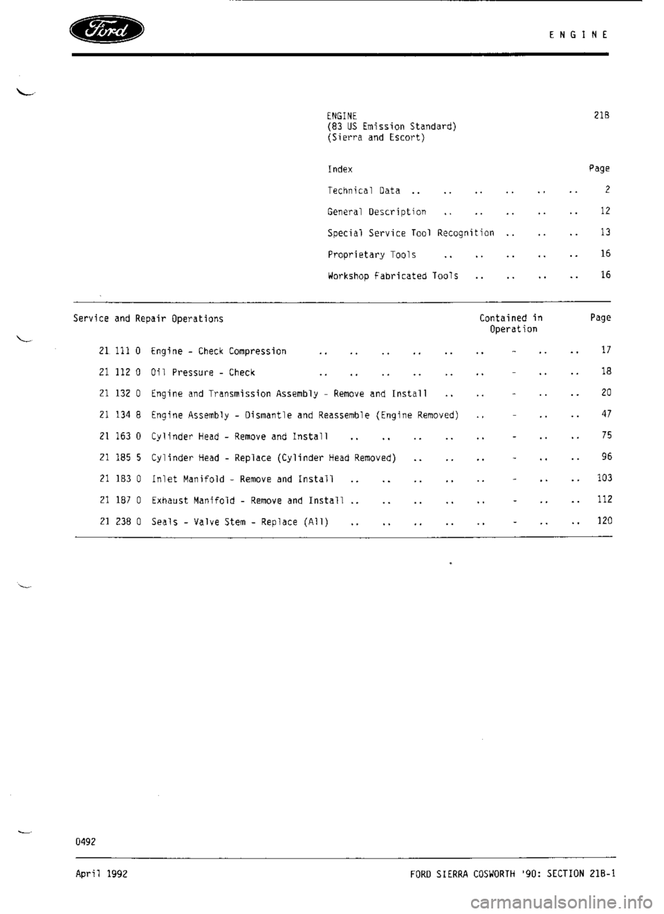 FORD ESCORT RS COSWORTH 1994 1.G Workshop Manual 