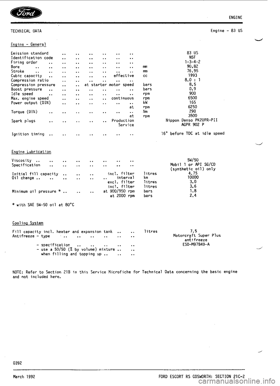 FORD ESCORT RS COSWORTH 1994 1.G Workshop Manual 