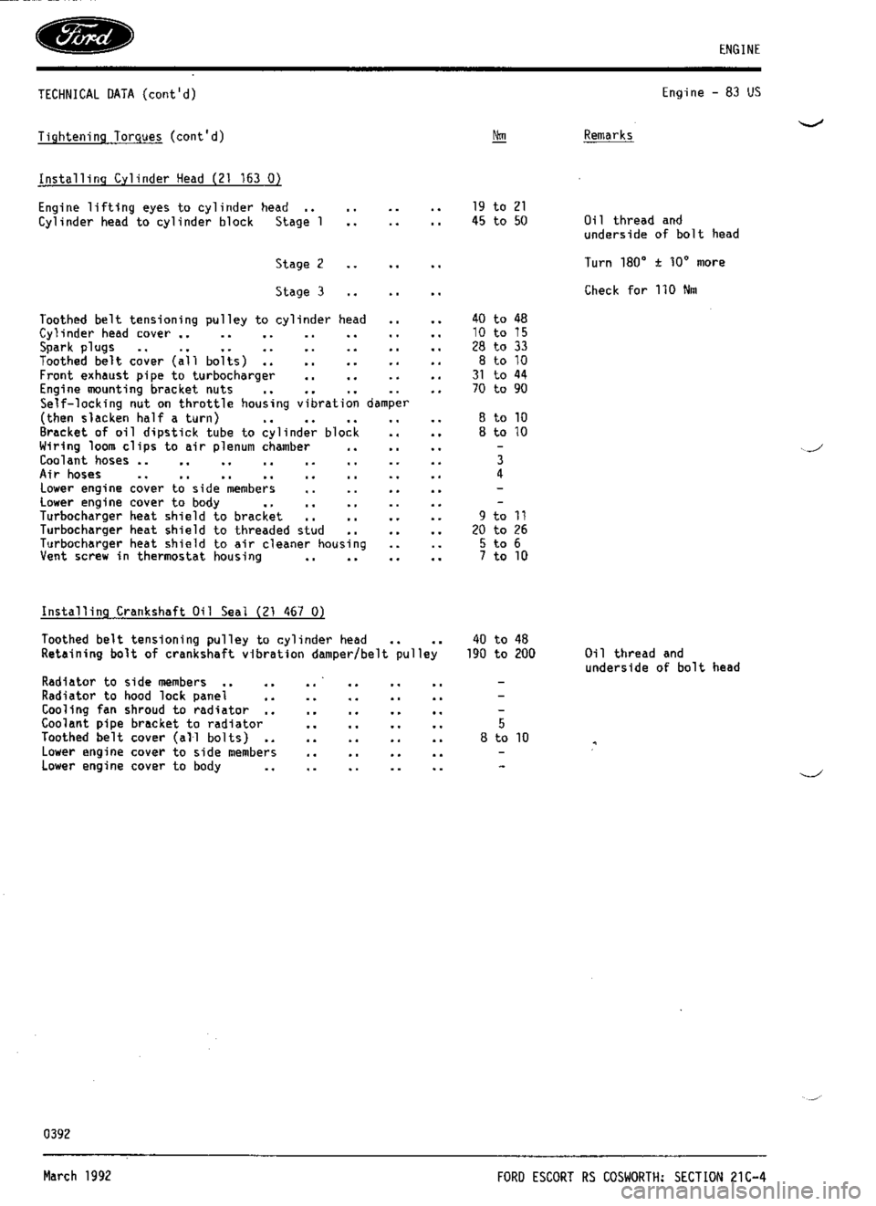 FORD ESCORT RS COSWORTH 1994 1.G Workshop Manual 