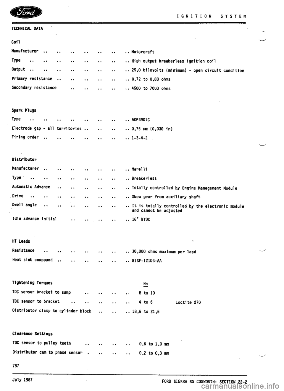 FORD SIERRA RS COSWORTH 1987 1.G Workshop Manual 