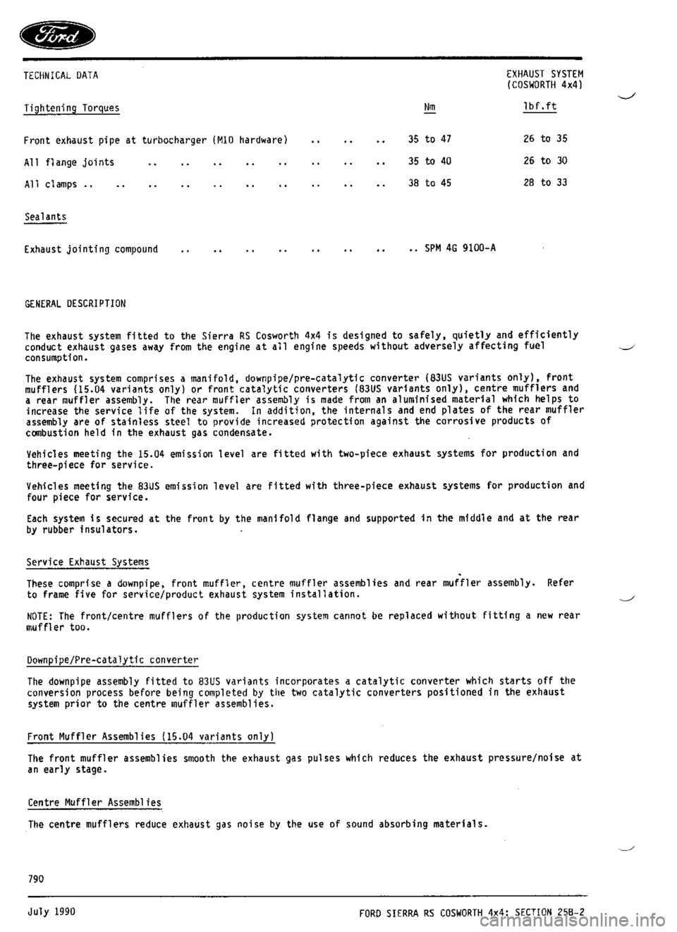 FORD SIERRA RS COSWORTH 1987 1.G Workshop Manual 